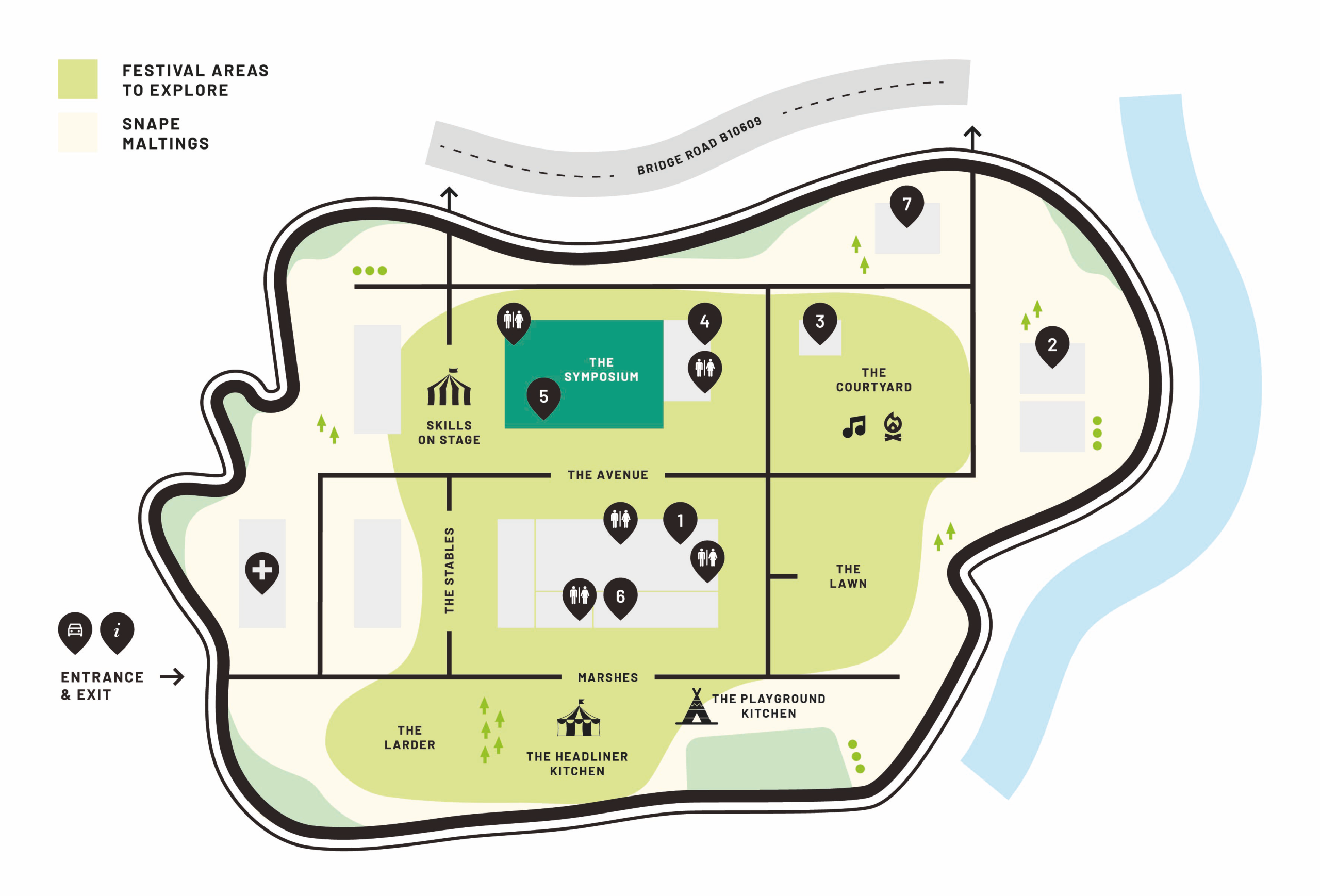 Site map of Snape Maltings showing festival areas, venues and facilities